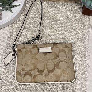 Coach C Signature Logo Light Brown Ivory Canvas Leather Combo Wristlet Wallet